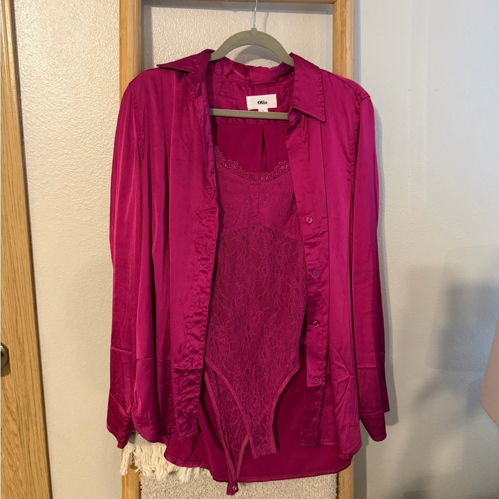 Vici Pink Lace Bodysuit with Silk Blouse